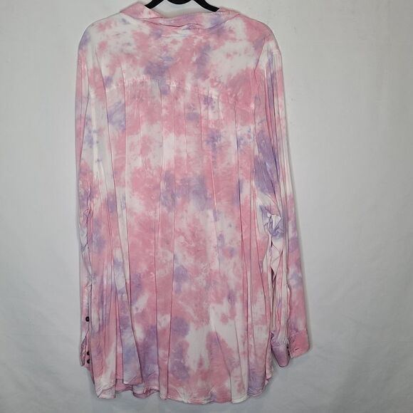 5X 28W Torrid Pink Tiedye Twill Button Up Blouse Back Box Pleat Button Cuff - Picture 9 of 9